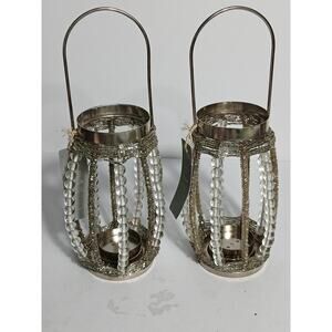 Pottery Barn Ella Votive Holders – Set of 2 – Beaded & Glass Tealight Lanterns